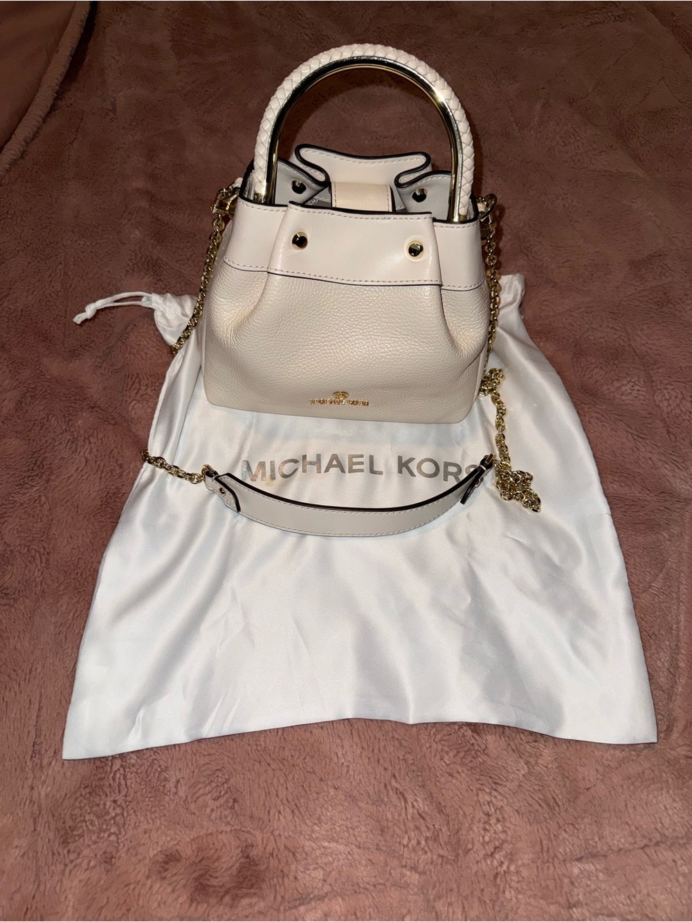 Michael Kors Cream Leather Mini Bucket Bag with Gold Chain Strap